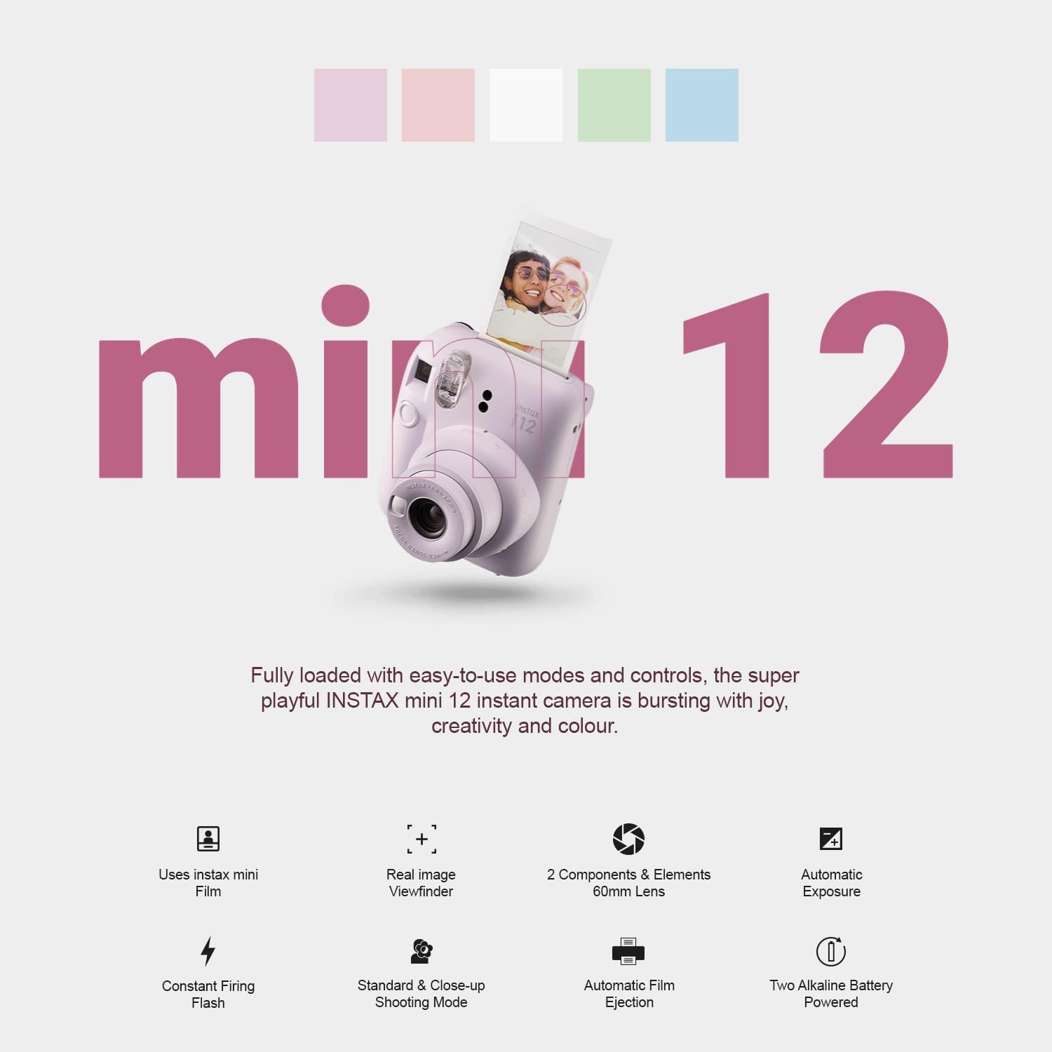 Fujifilm Instax Mini 12 Cámara instantánea + paquete de accesorios MiniMate y funda personalizada compatible + Fuji Instax Film Value Pack (50 hojas) Álbum de fotos de diseño Flamingo (azul pastel)