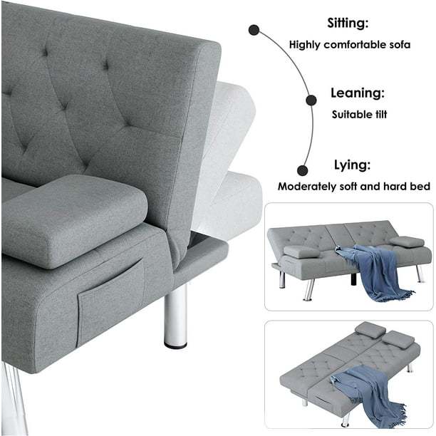 Homfa Sofá cama futón convertible, sofá cama plegable de 66.3 pulgadas con reposabrazos extraíbles y 2 portavasos para sala de estar, acabado gris