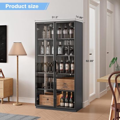 PEUKC - Vitrina con puertas de vidrio, vitrinas con 4 estantes ajustables y cerradura para el hogar, la oficina, la clínica, la despensa, requiere ensamblaje, negro, color madera