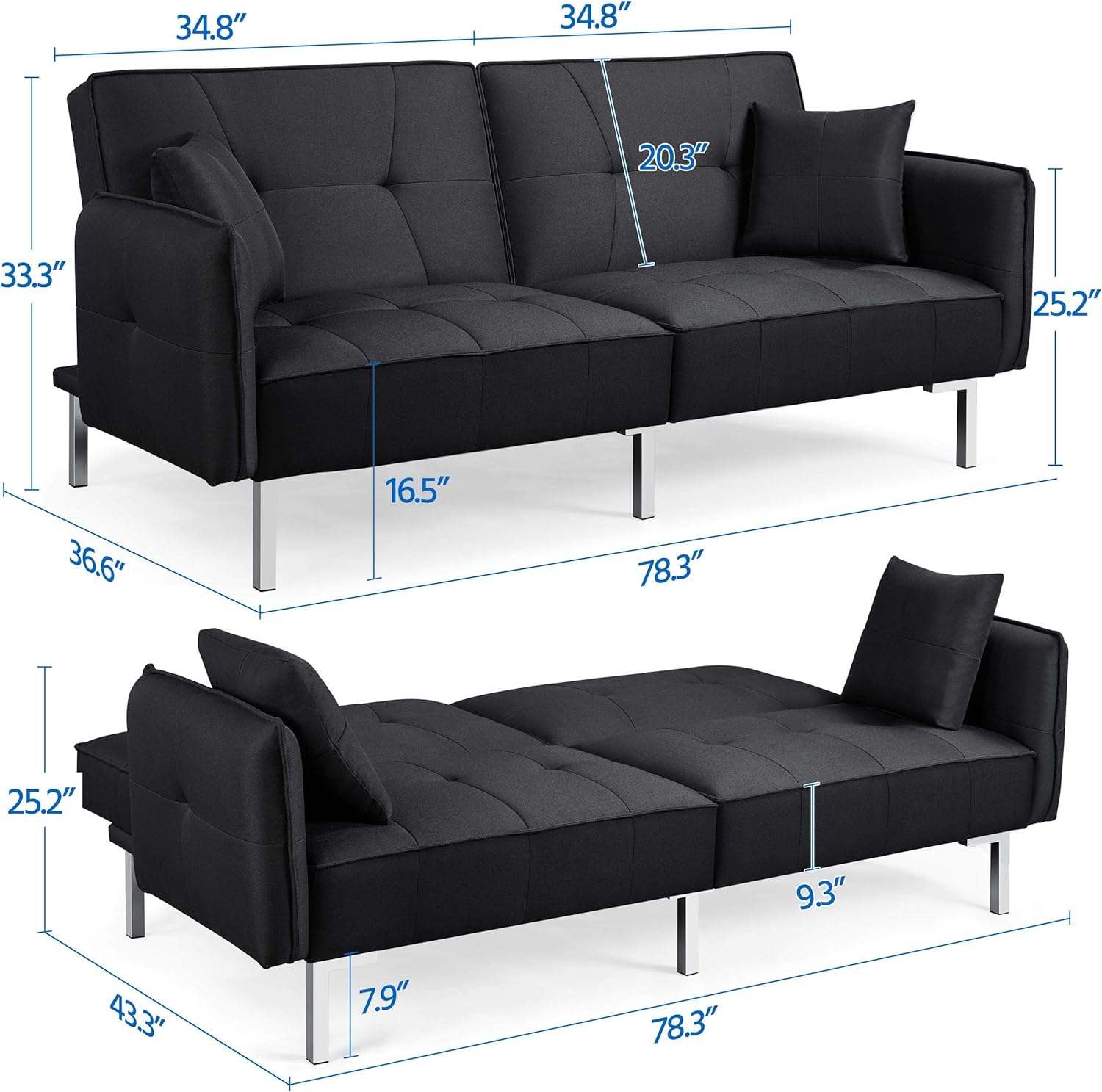 Yaheetech Sofá cama convertible moderno futón sofás, cama plegable y abajo, tela de lino reclinable para sala de estar, color gris