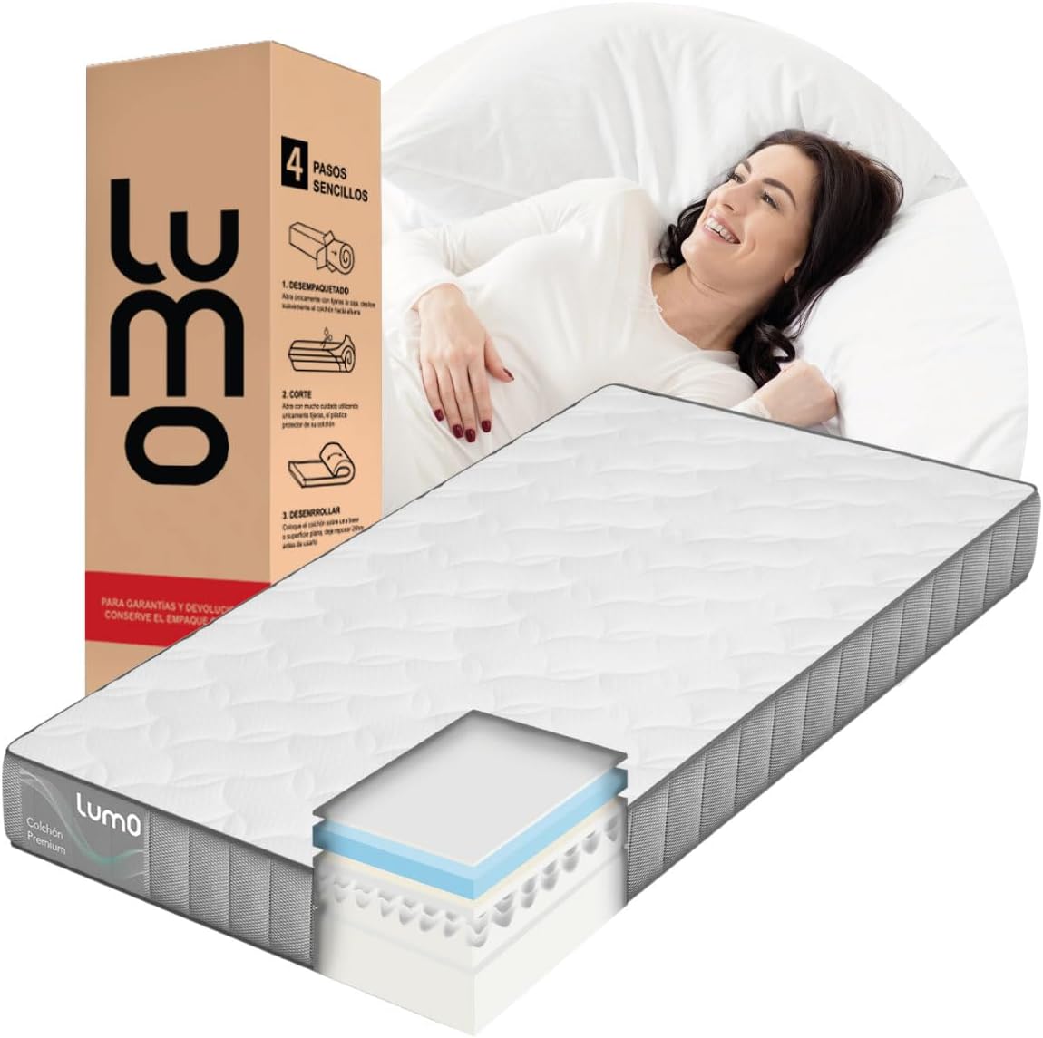 LUMO HOME Colchones Premium de Memory Foam Brinda Frescura al Dormir Anti Ácaros de Grosor Transpirable e Hipoalergénico Blanco (23 cm, Matrimonial)