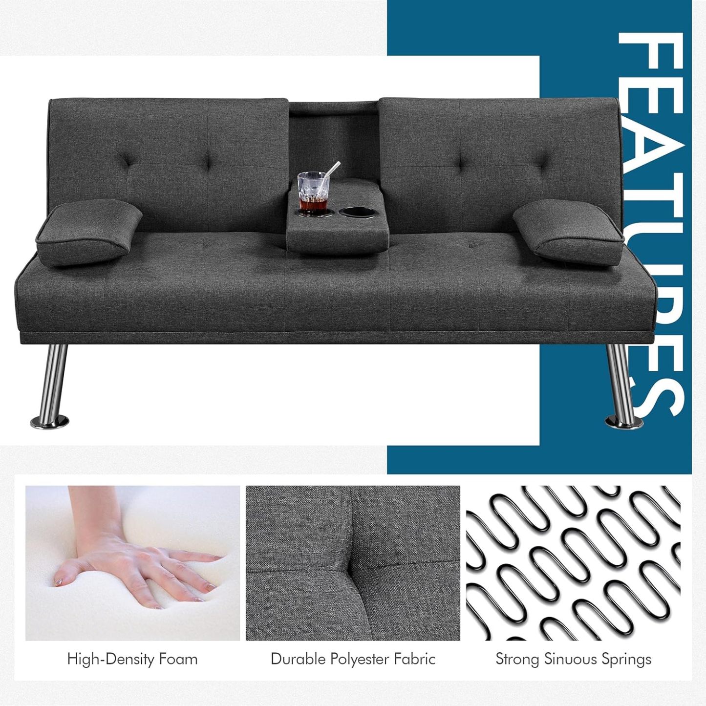 Yaheetech - Sofá cama convertible de tela de lino reclinable, con portavasos y reposabrazos extraíbles, soporta 350 kg