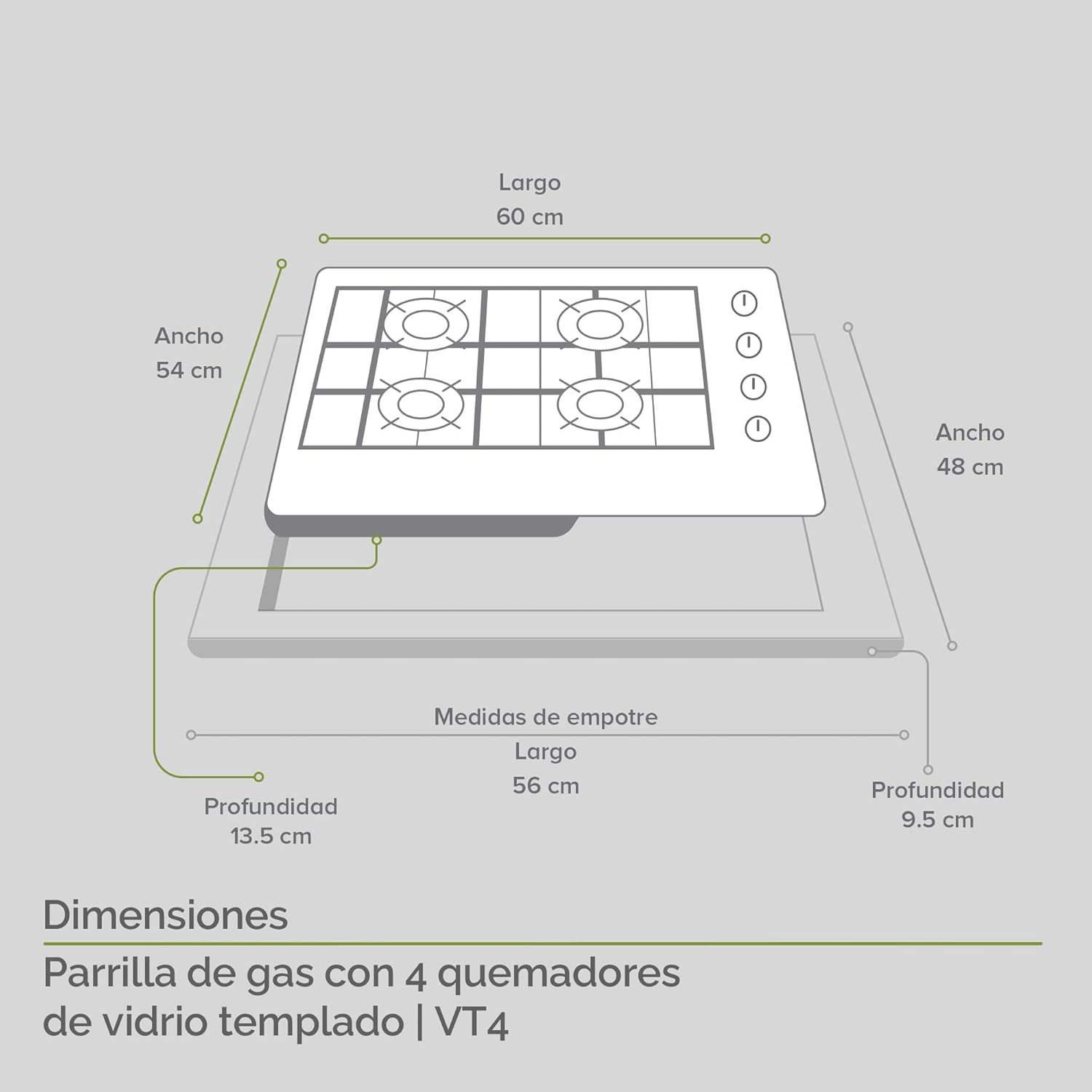 AVERA Combo Parilla y Campana|Parrilla de Gas 4 Quemadores, Vidrio Templado Negro 60cm (Incluye accesorios de Instalación) Encendido Electronico, Estufa Empotrable, para Gas LP y Natural | VT4CEA60N