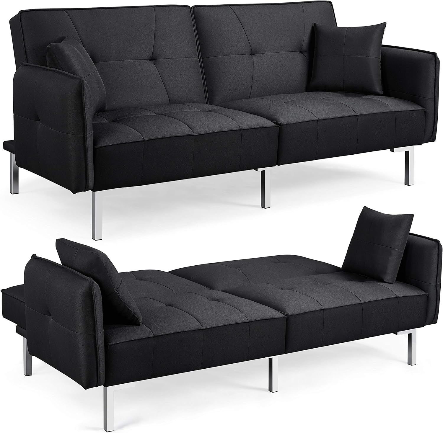 Yaheetech Sofá cama convertible moderno futón sofás, cama plegable y abajo, tela de lino reclinable para sala de estar, color gris