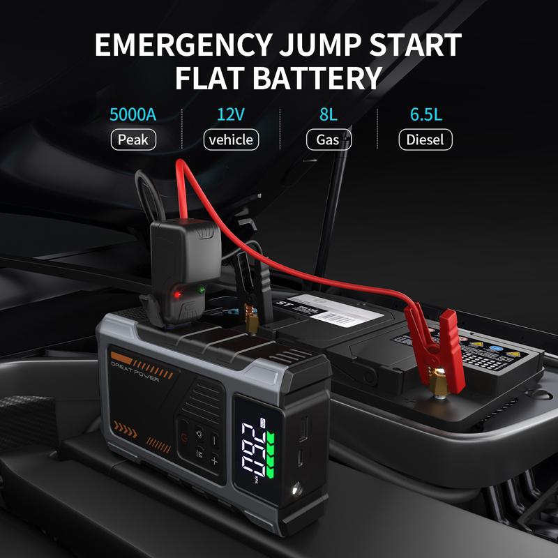Arrancador de batería portátil para coche con compresor de aire, pico de 5000 A (para motores de gasolina de hasta 8.0 L y diésel de hasta 6.5 L), inflador de neumáticos de 150 PSI, batería de 15000 mAh y luz LED. Modelo W100.