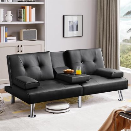 Yaheetech - Sofá Cama Convertible Ajustable, Moderno sillón reclinable de Piel sintético para el hogar, sofá Cama Plegable, Cama de Invitados, reposabrazos extraíbles, portavasos 3 ángulos, Capacidad