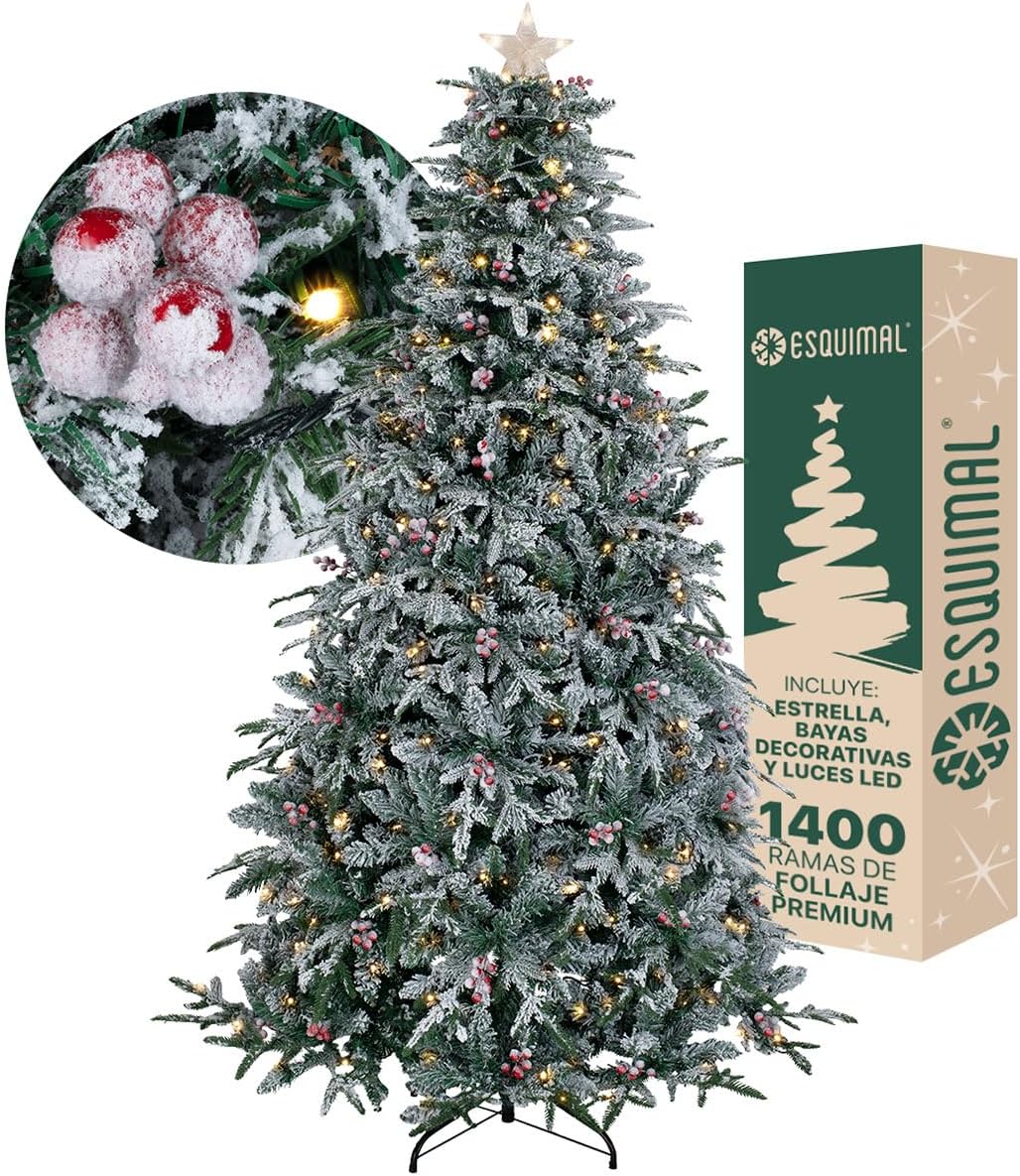 ESQUIMAL Árbol de Navidad Nevado con Luces LED 8 Modos de Iluminación + Estrella + Piñas + Bayas Rojas (1.80 m)