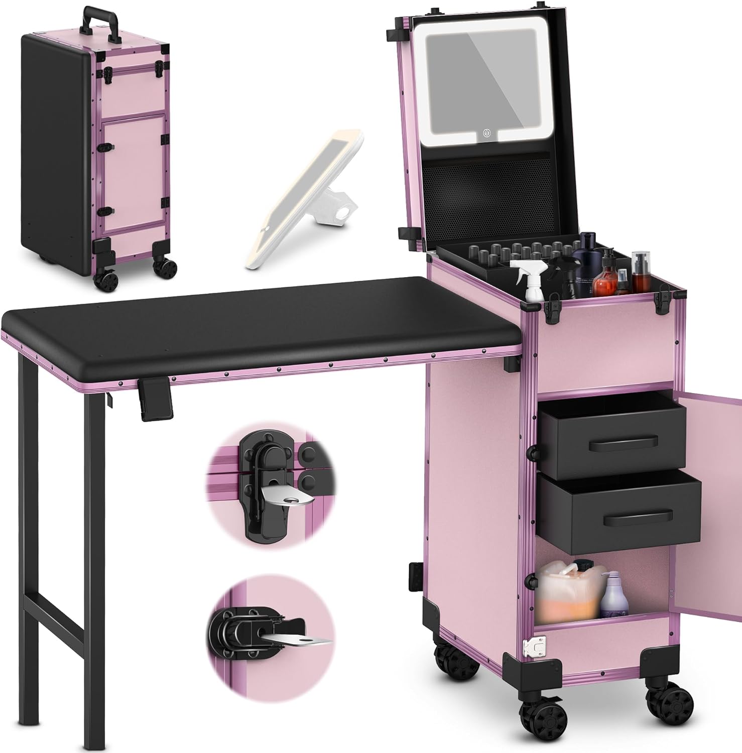 EASYINBEAUTY - Mesa de manicura portátil con 2 cajones, organizador de espejo y esmalte de uñas, estuche de tren de maquillaje con cerradura con computadora de uñas plegable, estuche de viaje
