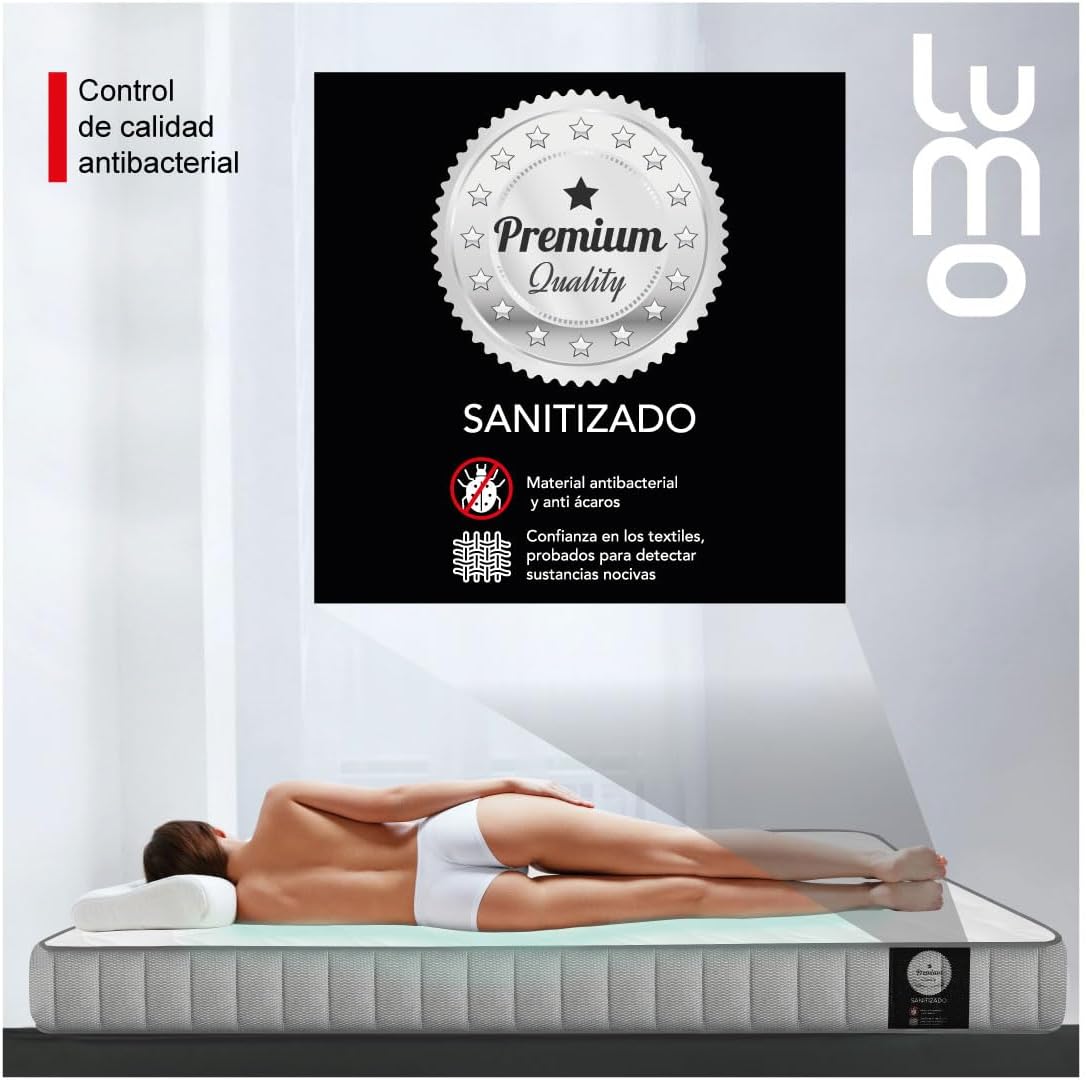 LUMO HOME Colchones Premium de Memory Foam Brinda Frescura al Dormir Anti Ácaros de Grosor Transpirable e Hipoalergénico Blanco (23 cm, Matrimonial)