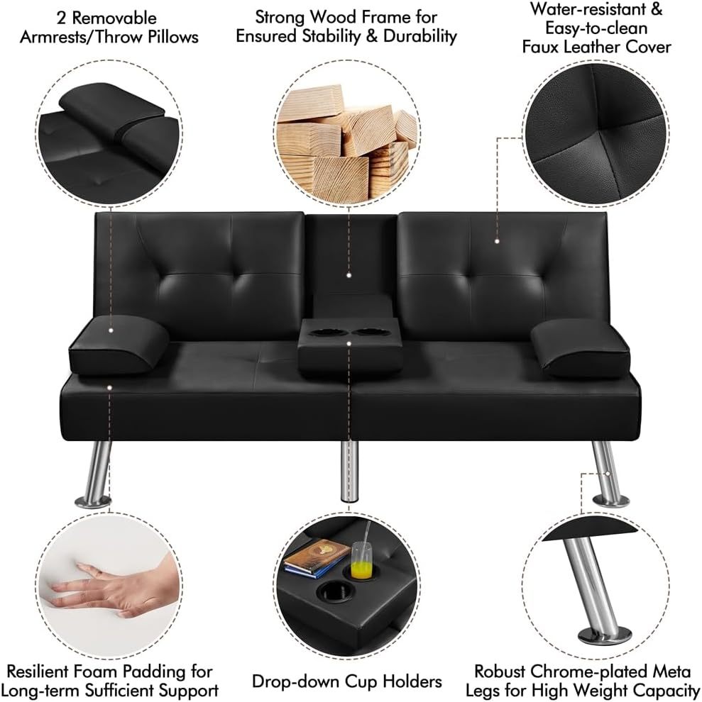 Yaheetech - Sofá Cama Convertible Ajustable, Moderno sillón reclinable de Piel sintético para el hogar, sofá Cama Plegable, Cama de Invitados, reposabrazos extraíbles, portavasos 3 ángulos, Capacidad