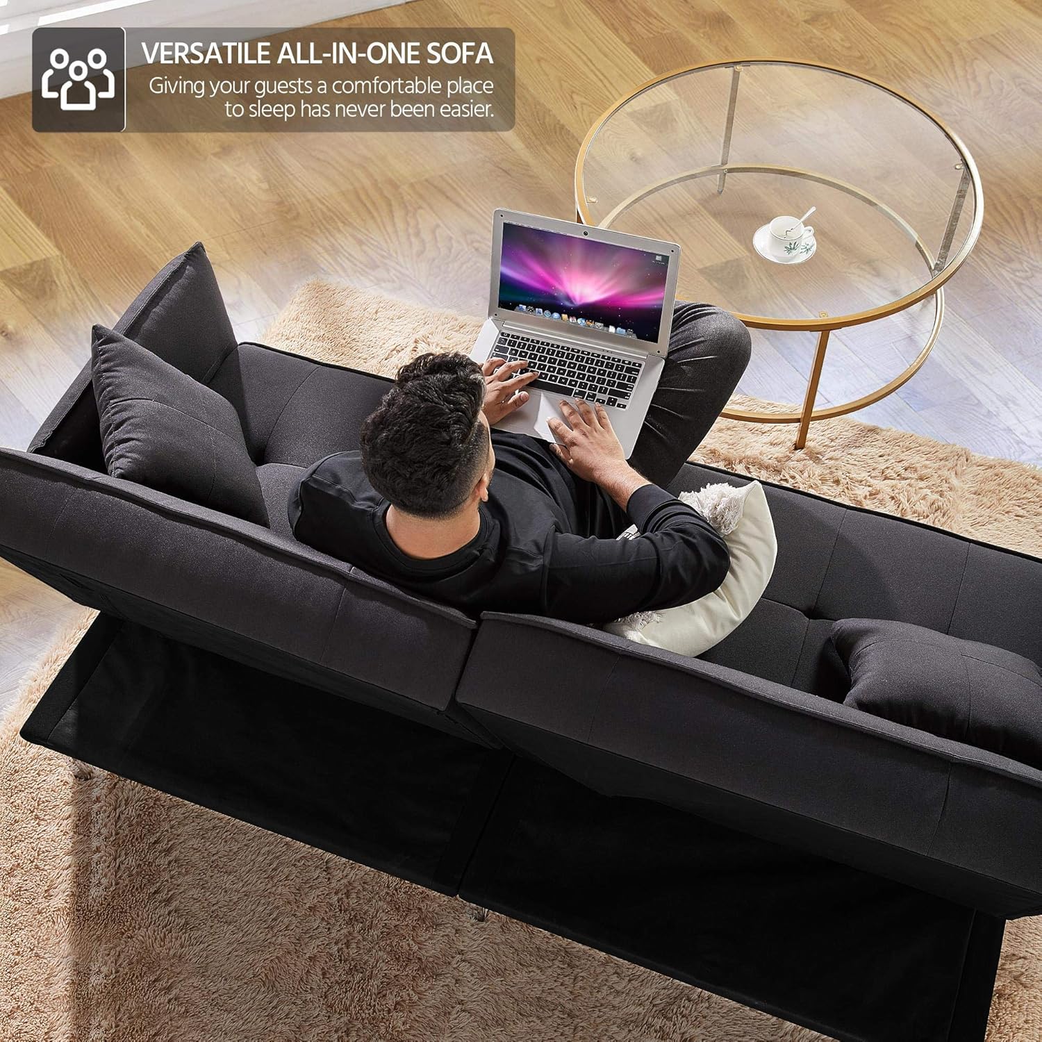 Yaheetech Sofá cama convertible moderno futón sofás, cama plegable y abajo, tela de lino reclinable para sala de estar, color gris