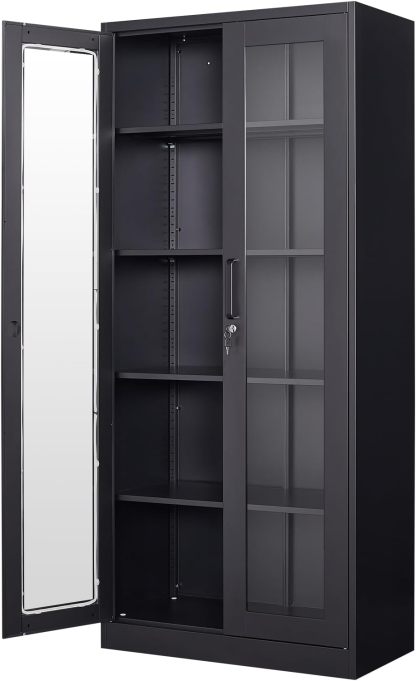 PEUKC - Vitrina con puertas de vidrio, vitrinas con 4 estantes ajustables y cerradura para el hogar, la oficina, la clínica, la despensa, requiere ensamblaje, negro, color madera