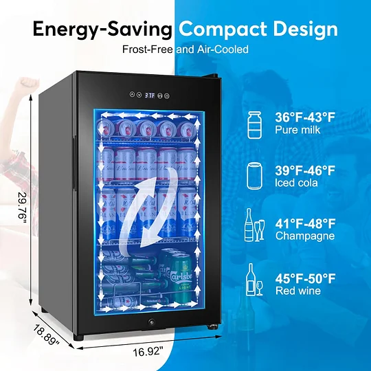 Refrigerador de bebidas de 17 pulgadas de ancho - Enfriador de bebidas para 126 latas con puerta de vidrio | Mini refrigerador para bebidas y cerveza de encimera/independiente | Memoria de temperatura | Puerta invisible |