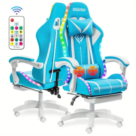 Silla Gaming RGB con Luces LED y Masaje Silla de Computadora Ergonómica Silla de Videojuego de Respaldo Alto con Reposapiés y Soporte Lumbar Ajustable Reposabrazos de Enlace