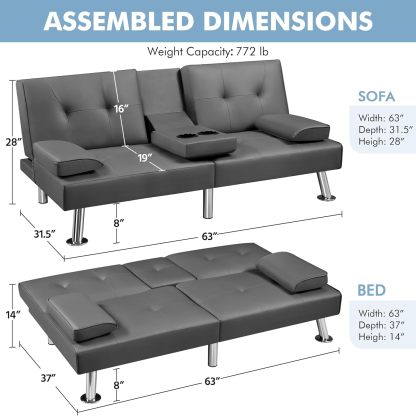 Yaheetech - Sofá Cama Convertible Ajustable, Moderno sillón reclinable de Piel sintético para el hogar, sofá Cama Plegable, Cama de Invitados, reposabrazos extraíbles, portavasos 3 ángulos, Capacidad