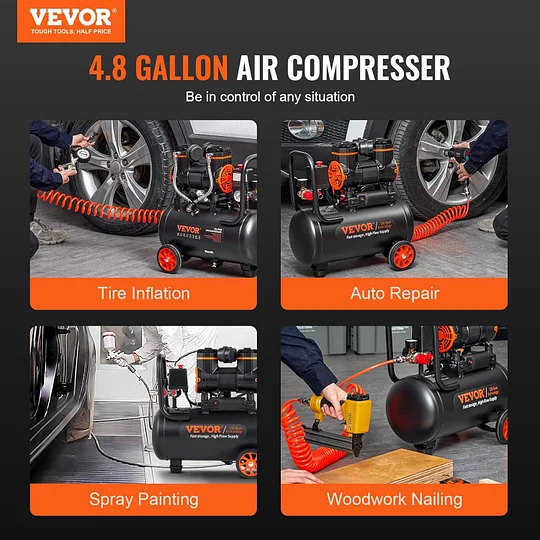 Compresor de aire VEVOR de 4.8 galones, 1.2 HP 2.2 CFM @90PSI tanque de compresor de aire última intervensión de aceite y máx. Compresor ultra silencioso de 70 dB de presión de 116 PSI para reparación-trapo