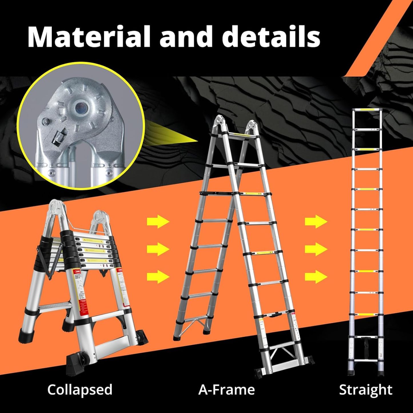 EvaStar - Escalera telescópica con marco A, escaleras telescópicas de aluminio ligeras con estabilizadores triangulares, barra estabilizadora y ruedas, escalera de extensión de capacidad de 350 libras