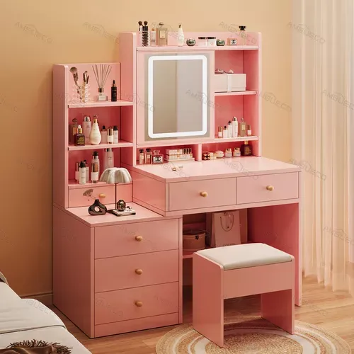 Tocador De Dormitorio Con Sillas Y Espejo De Led Y 6 Cajones 100*40*145 Cm Tocadores De Madera Con Luces Ambueco