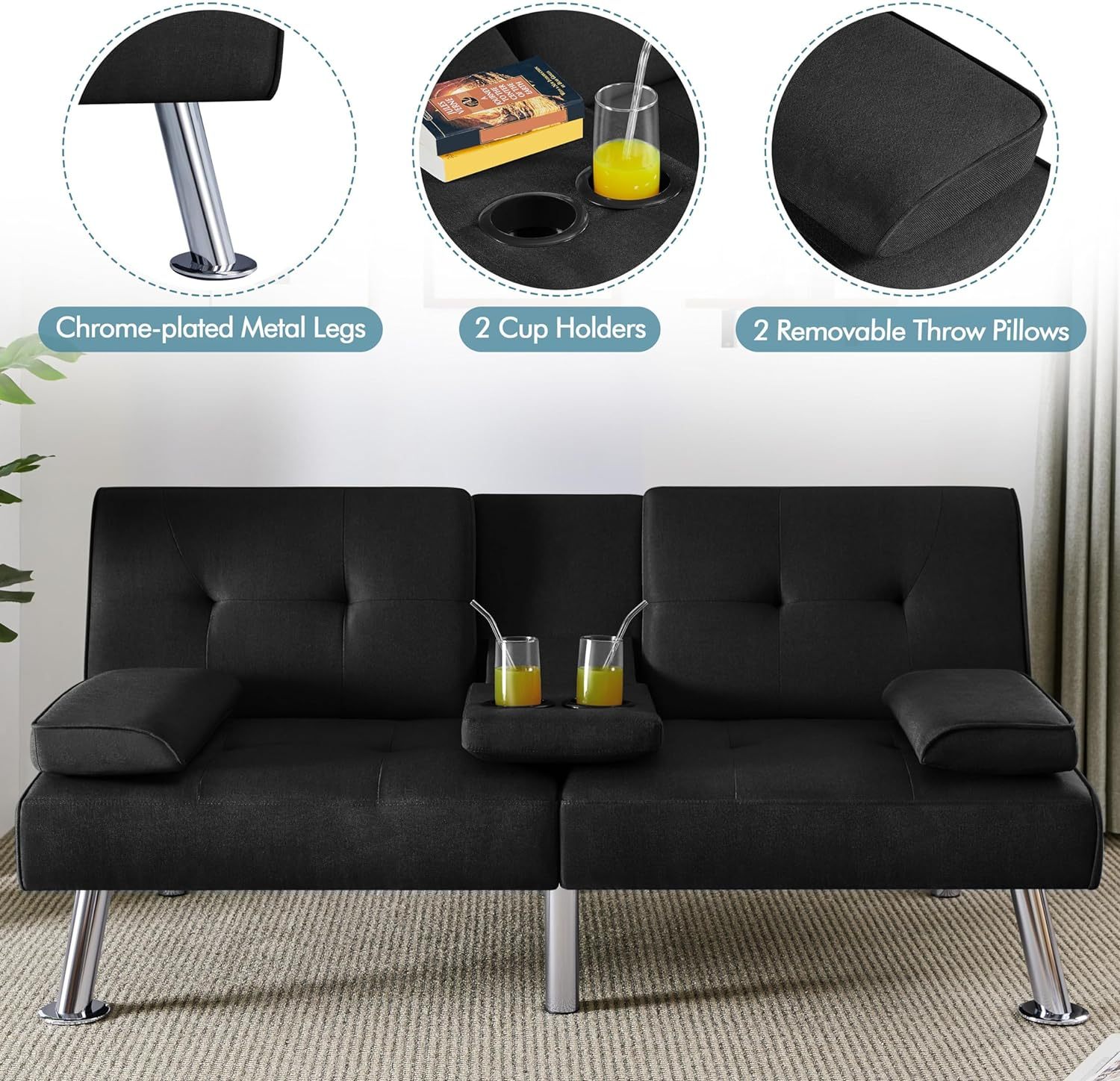 Yaheetech - Sofá Cama Convertible Ajustable, Moderno sillón reclinable de Piel sintético para el hogar, sofá Cama Plegable, Cama de Invitados, reposabrazos extraíbles, portavasos 3 ángulos, Capacidad