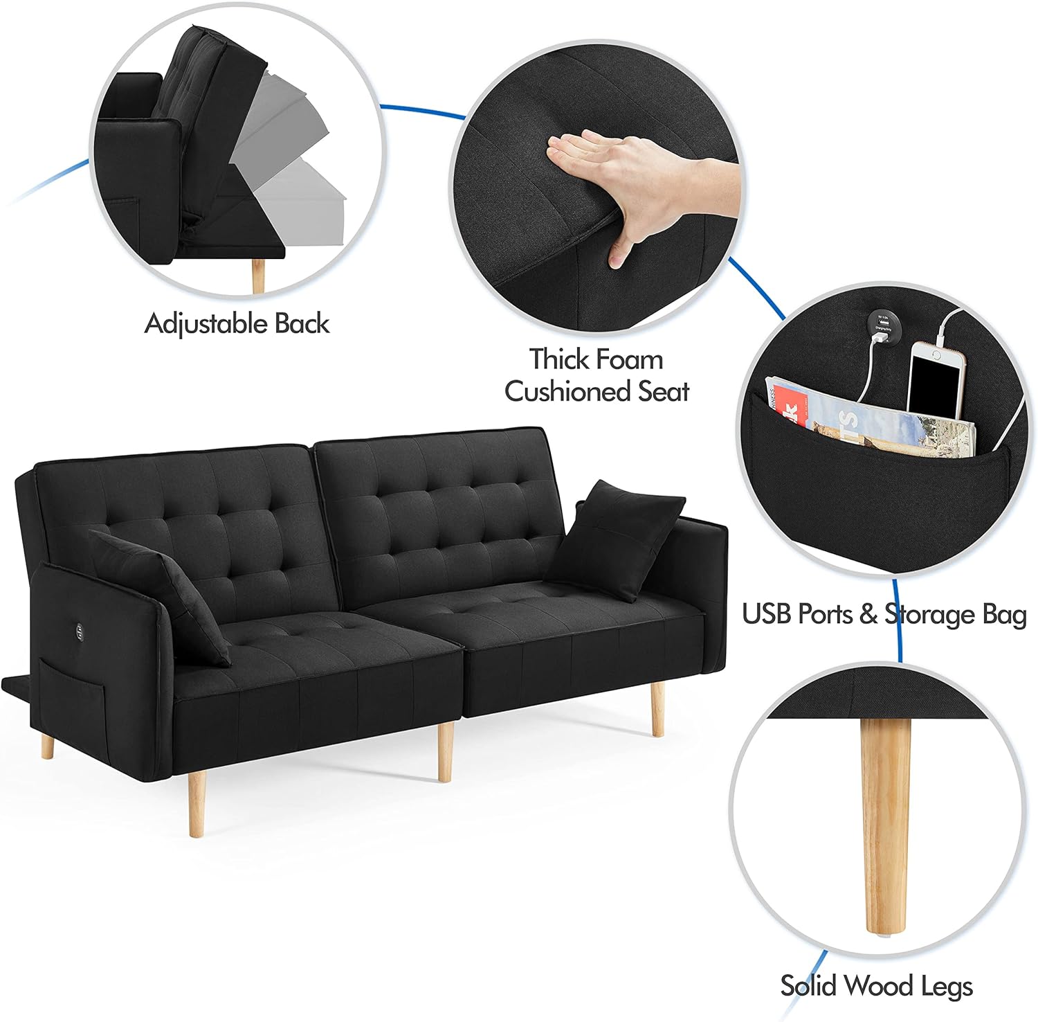 Yaheetech Sofá Cama Convertible Moderno futón sofás, Cama Plegable y Abajo, Tela de Lino reclinable para Sala de Estar, Color Gris