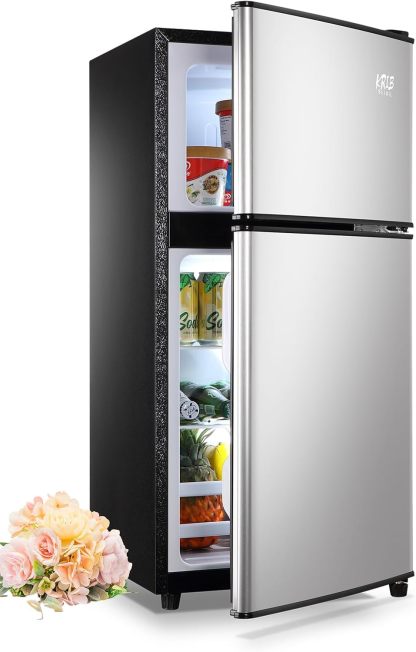 Mini nevera de 3.5 pies cúbicos, refrigerador pequeño, termostato ajustable de 7 niveles, estantes extraíbles con acero inoxidable, 2 puertas para oficina, recámara, departamento, plata,