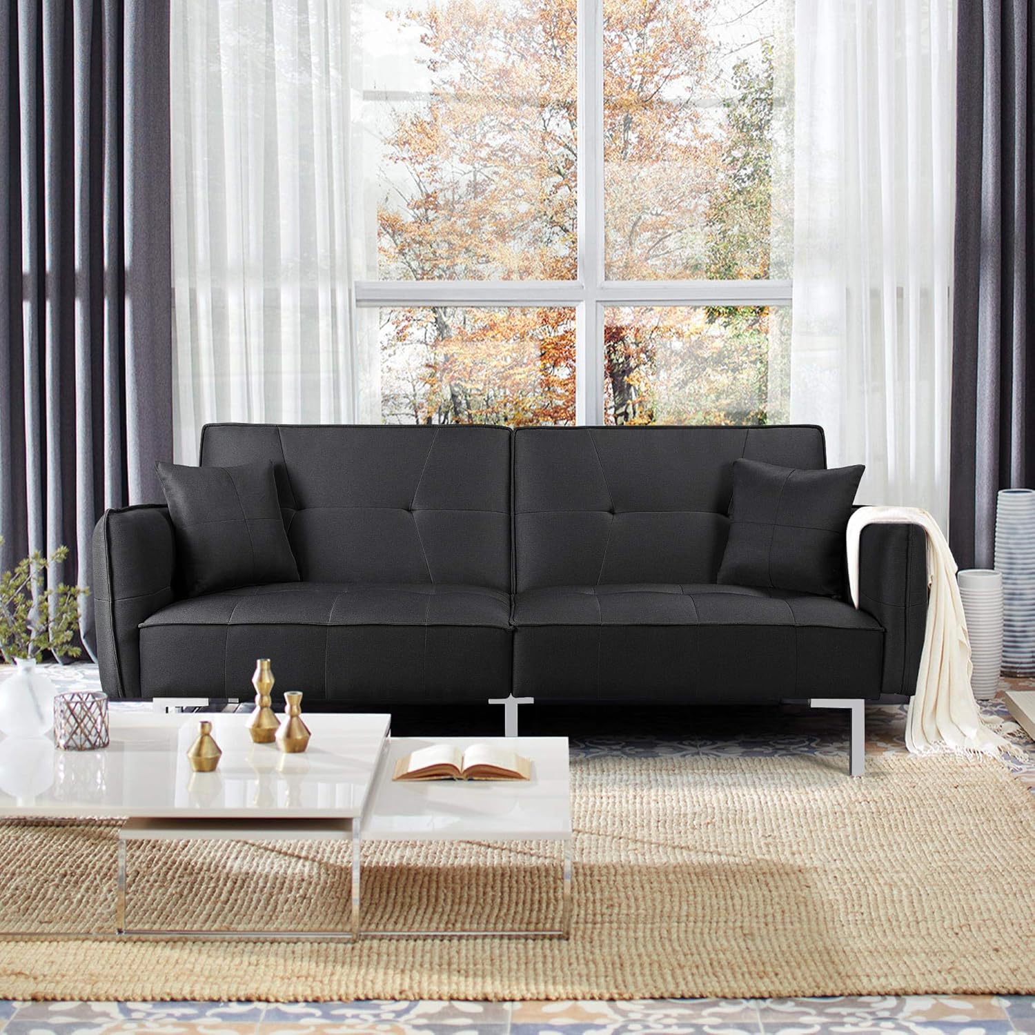 Yaheetech Sofá cama convertible moderno futón sofás, cama plegable y abajo, tela de lino reclinable para sala de estar, color gris