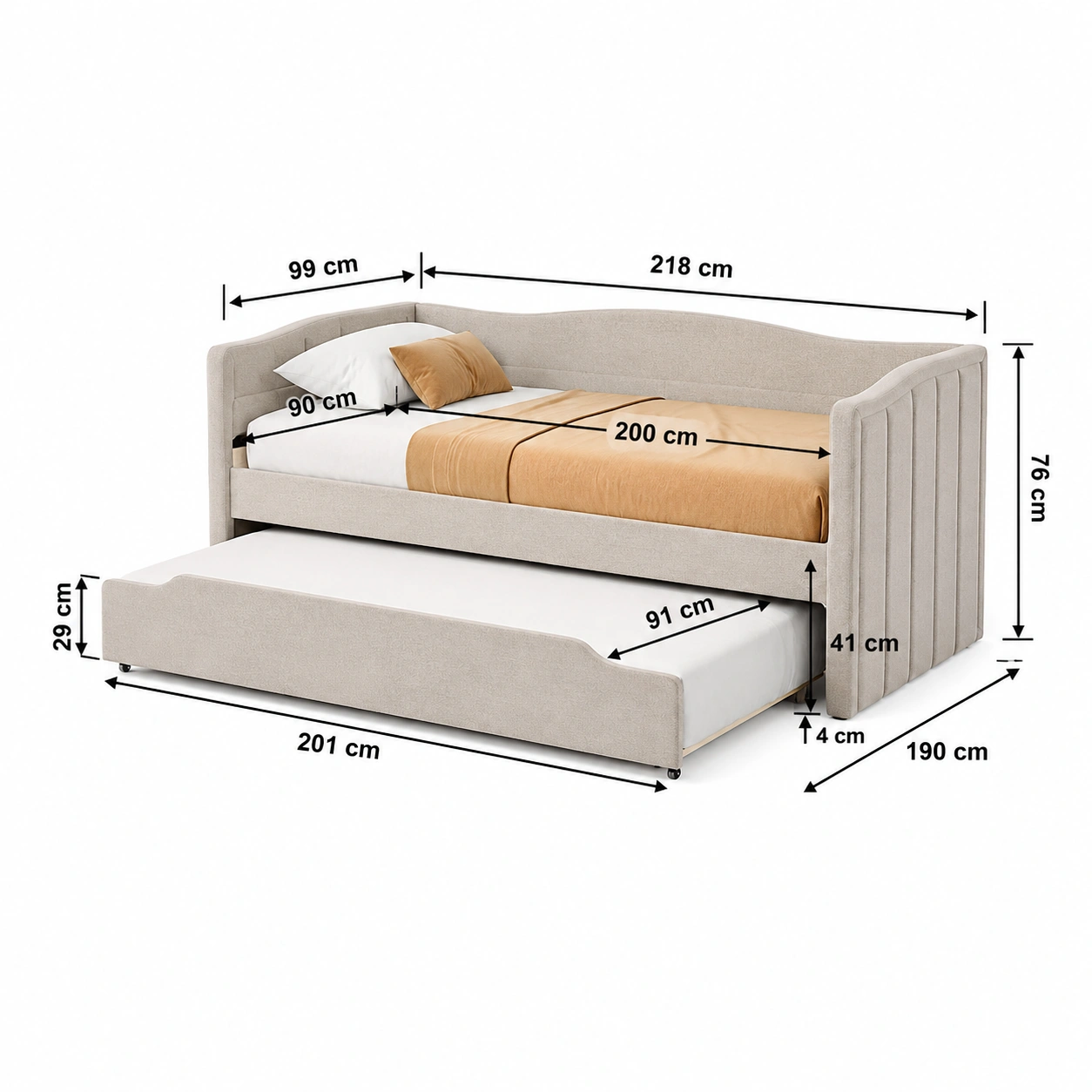 Sofa Cama Nido Tapizado Beige con Cama Extraible y Respaldo Curvo 90x200 cm-Furnisel