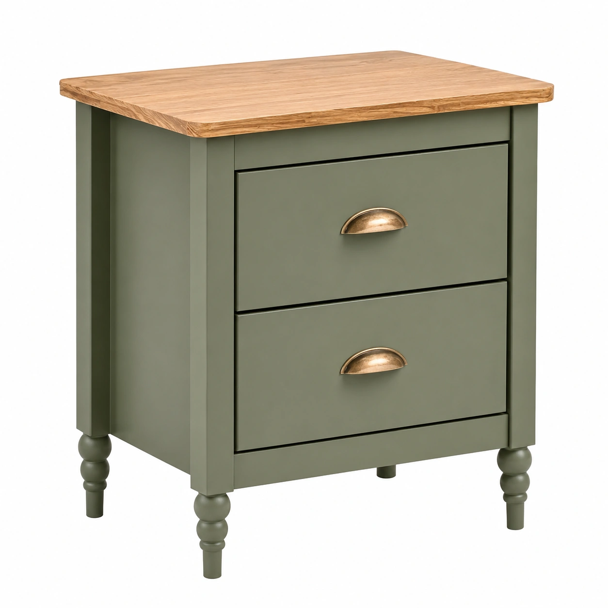 Mesita de noche vintage de 2 cajones verde oliva con tablero efecto madera y tiradores metalicos-Furnisel