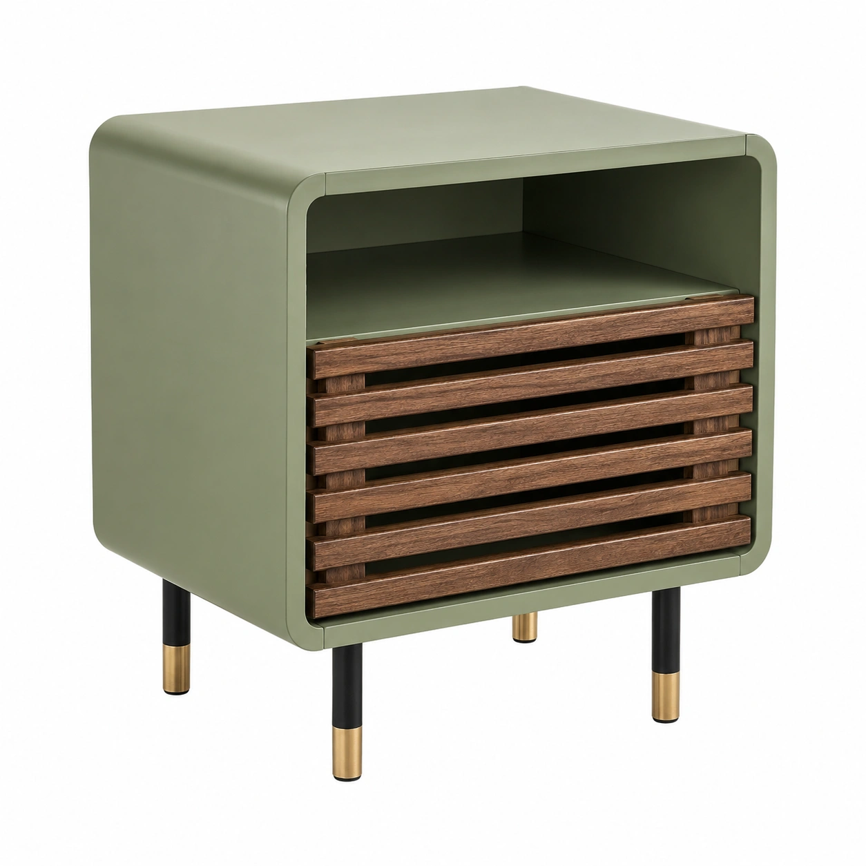 Mesita de noche moderna verde oliva con cajon de listones de madera y estante abierto-Furnisel