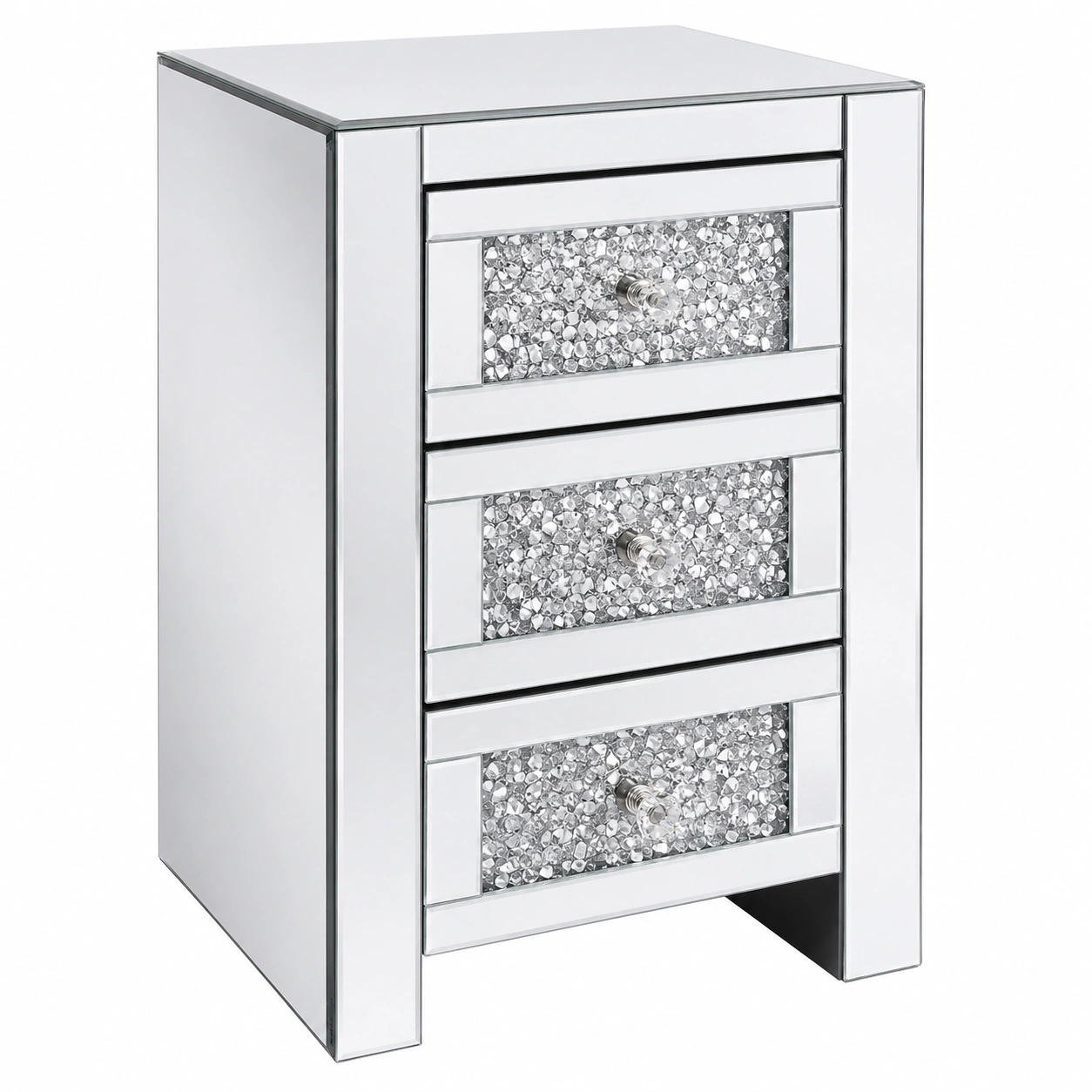 Mesita de noche moderna con 3 cajones de vidrio espejado plateado estilo lujo-Furnisel
