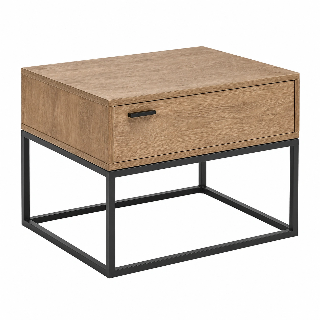 Mesita de noche moderna con cajon y estructura metalica color roble y negro-Furnisel