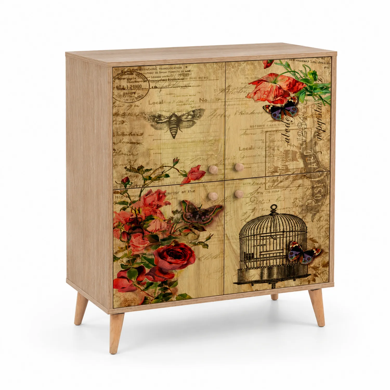 Komoda drewniana z motywem róż i motyli 80x35x105 cm-Floravillach