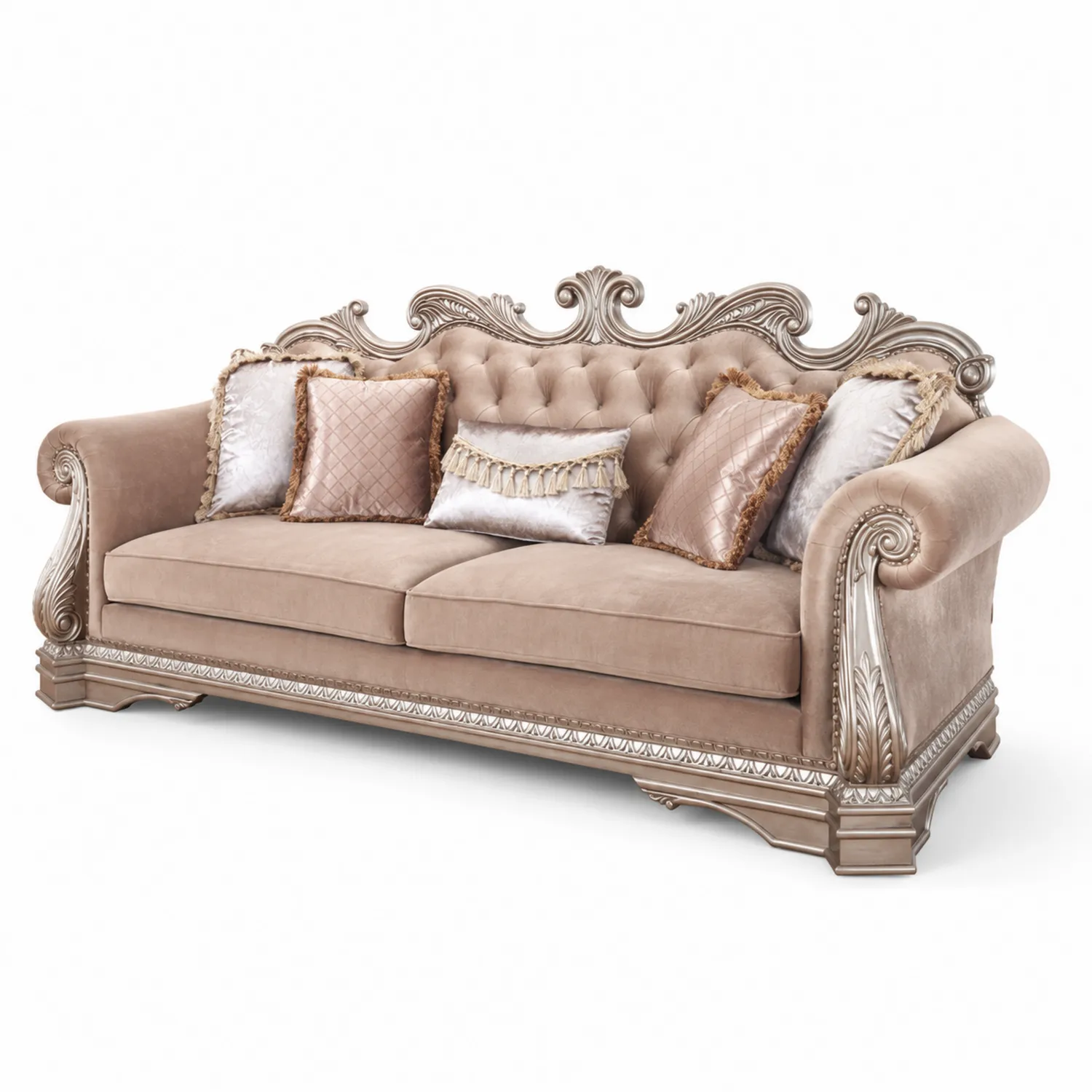 Trzyosobowa sofa welurowa beżowa z rzeźbionymi detalami-Floravillach