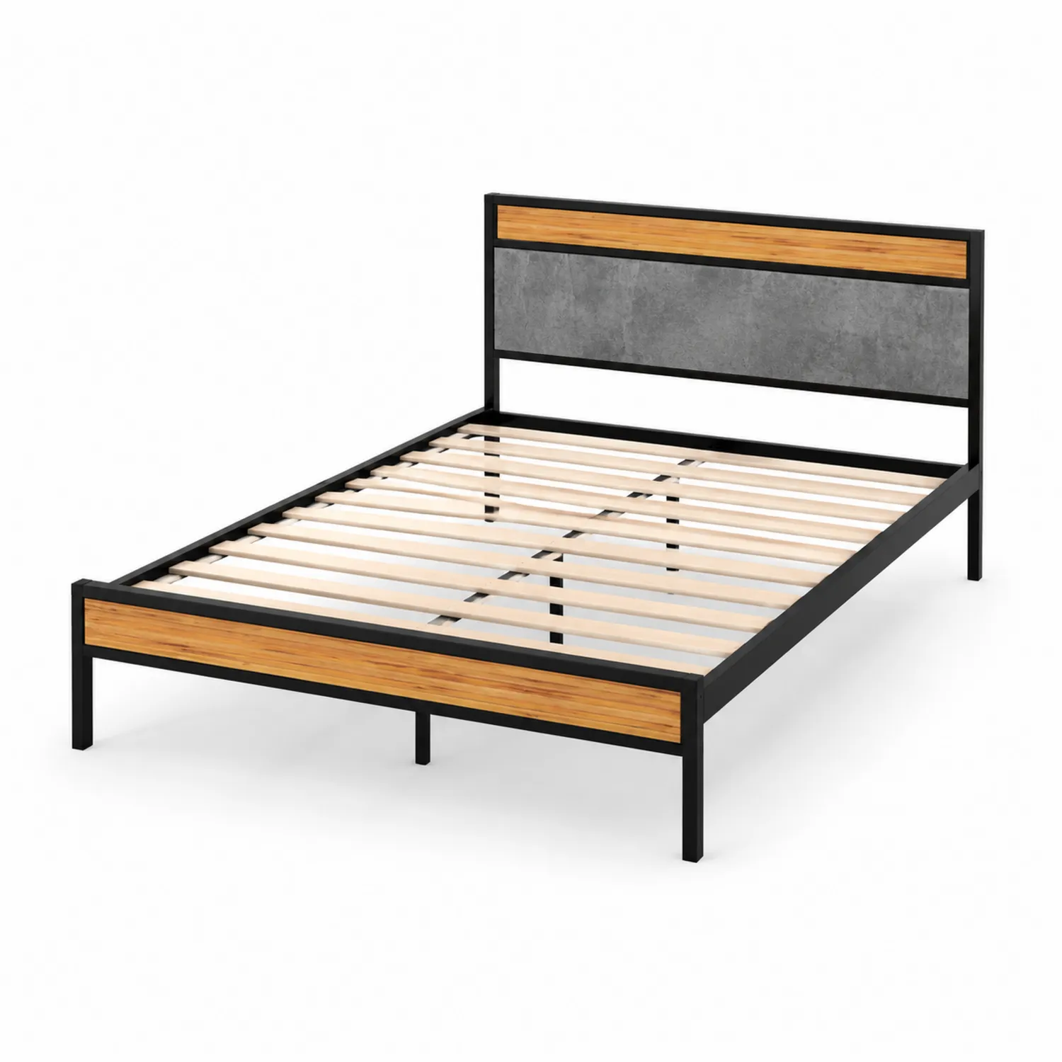 Łóżko metalowe czarne z elementami bambusowymi i betonowymi 200x160 cm-Floravillach