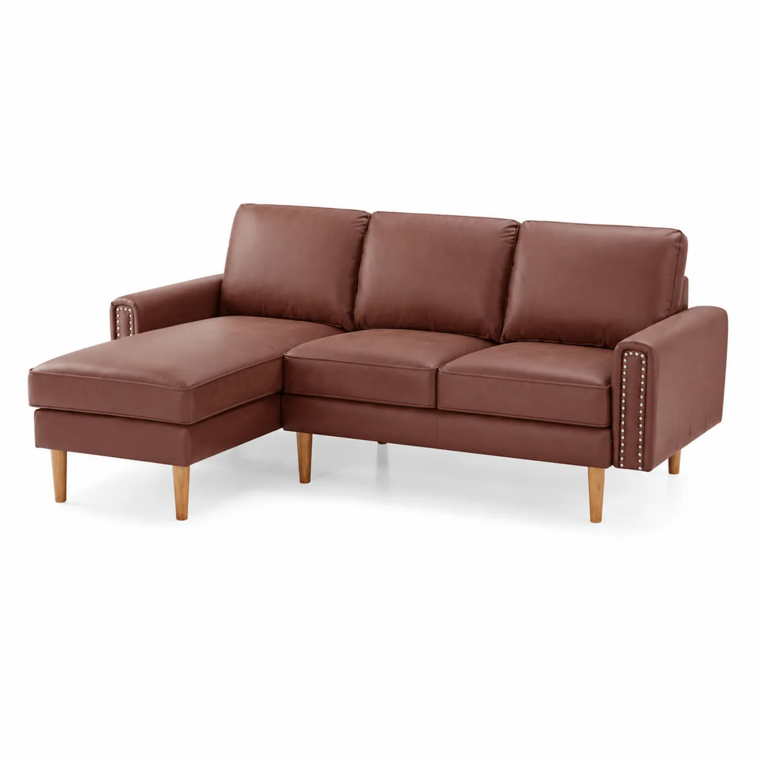 Sofa narożna skórzana brązowa z leżanką 230cm drewniane nogi-Floravillach