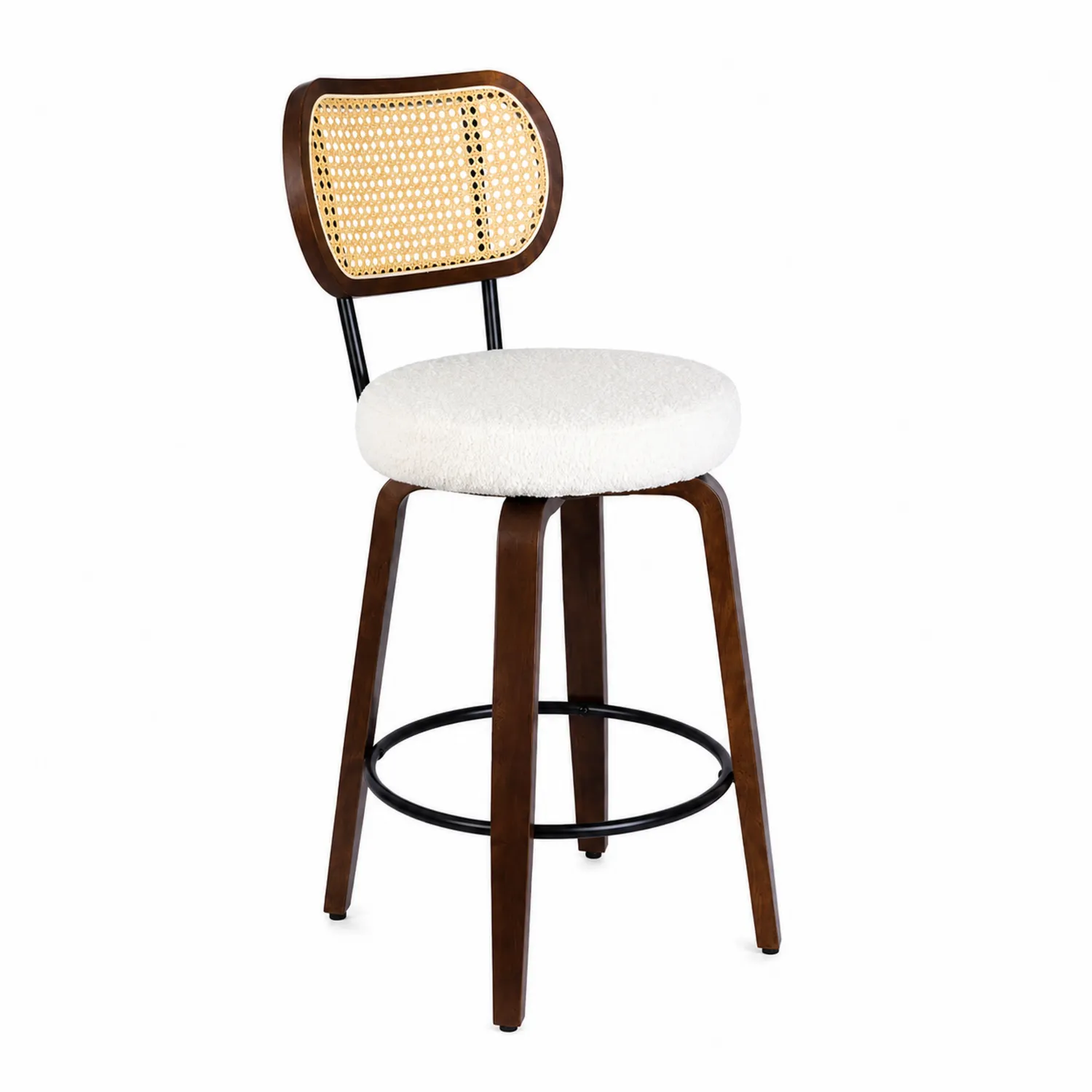 Barhocker aus Holz und Metall mit Rattan Rückenlehne, weißem Stoffbezug-Earthlofteu