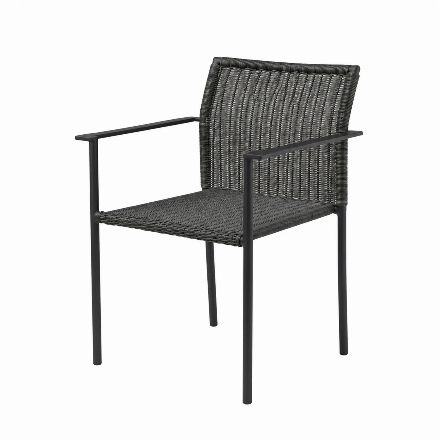 Stapelbarer Polyrattan Stuhl mit Armlehne aus Metall, Schwarz-Earthlofteu