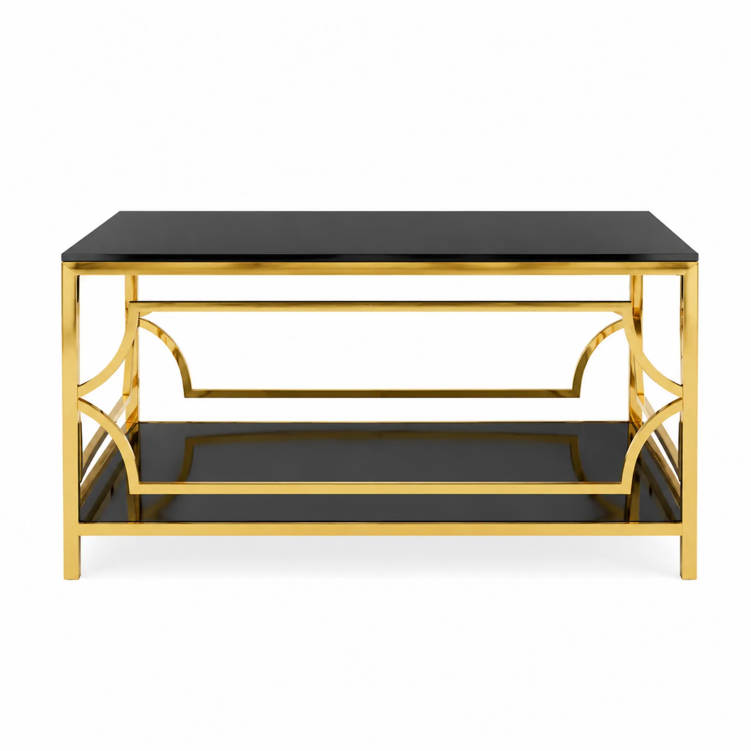 Rechteckiger Couchtisch aus gehärtetem Glas mit Edelstahlrahmen in Schwarz und Gold-Earthlofteu