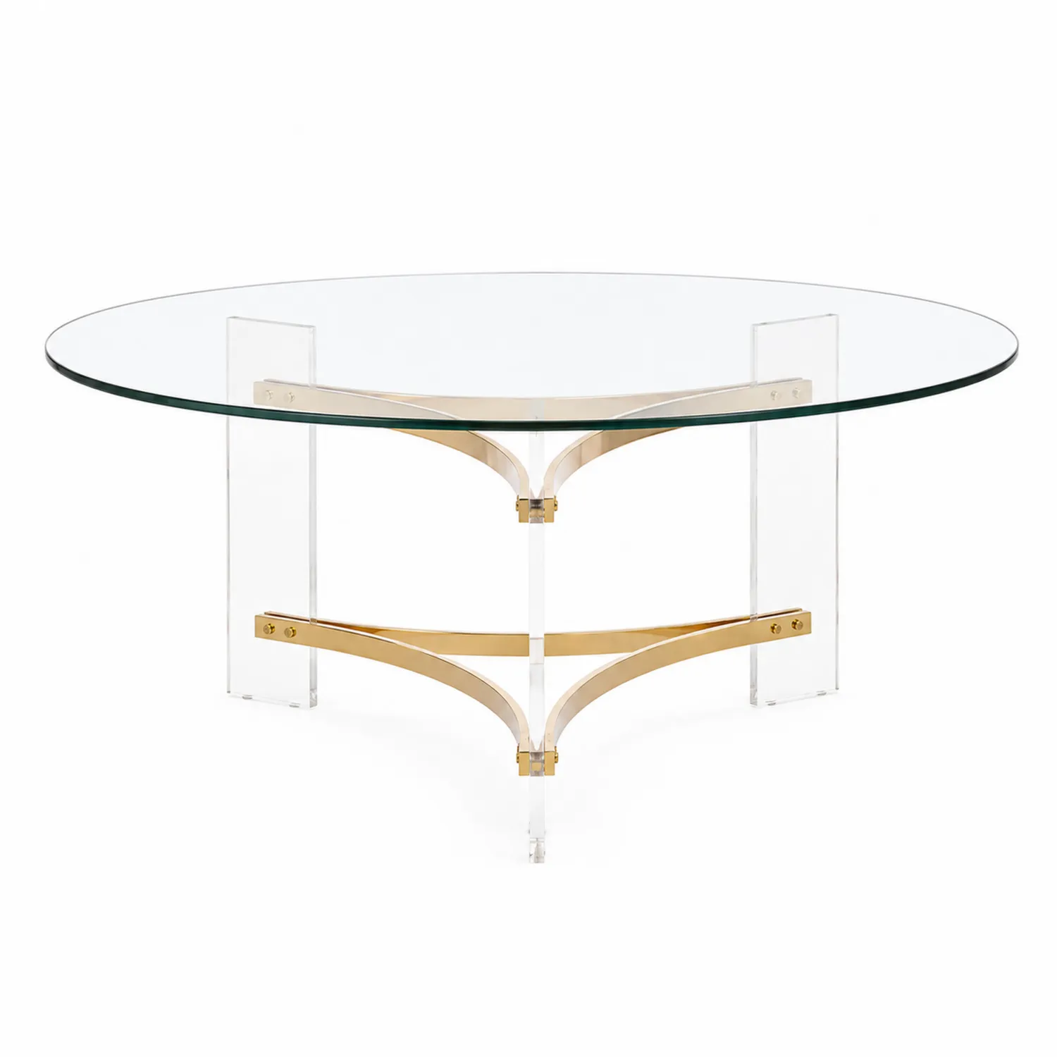 Runder Couchtisch mit Glasplatte und Acrylbeinen in Gold, 90 cm-Earthlofteu