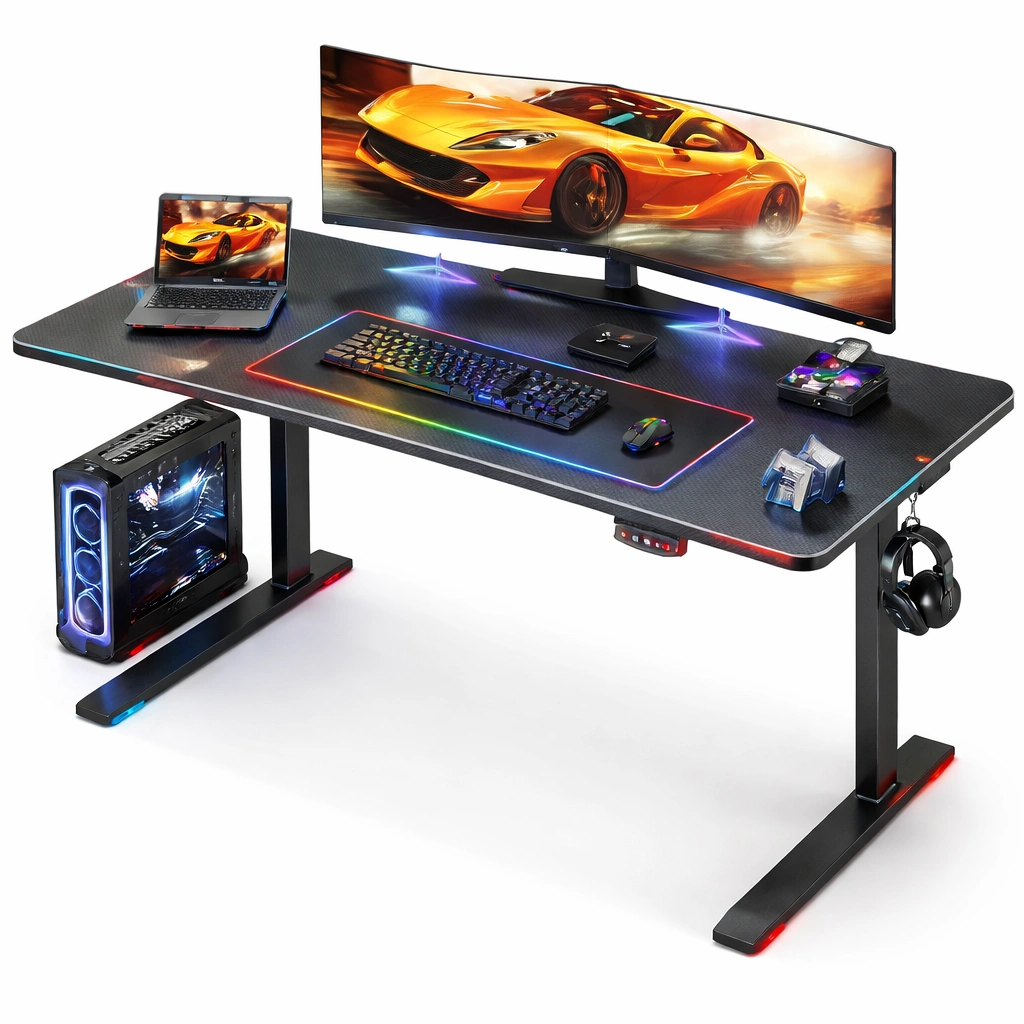 Escritorio gaming con iluminacion LED y superficie amplia-SelviaNest