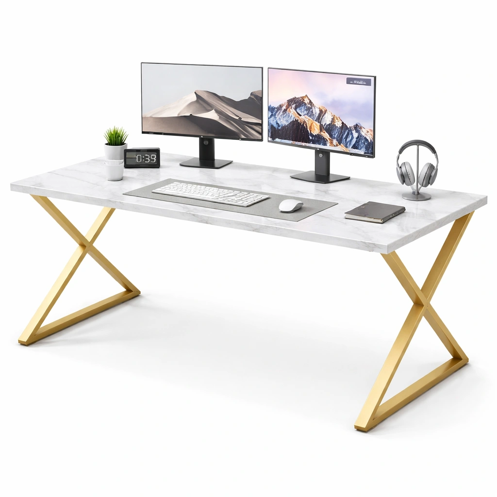 Escritorio moderno con estructura dorada y tablero blanco-SelviaNest