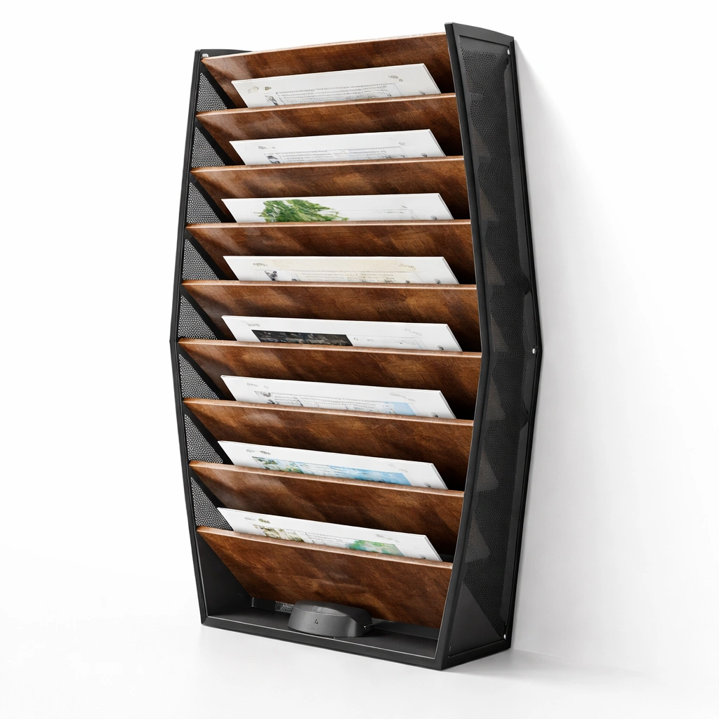 Organizador vertical de documentos de pared en madera y metal-SelviaNest