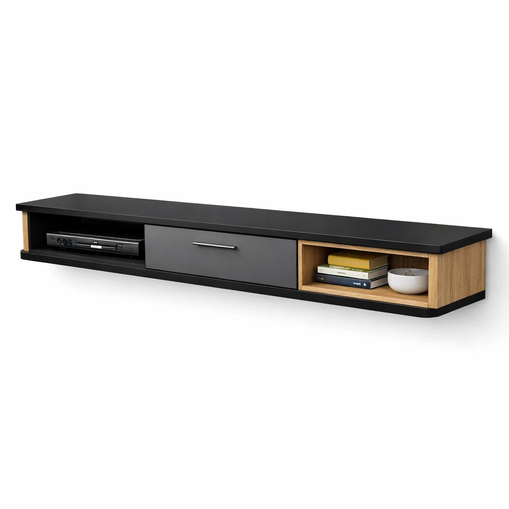 Mueble TV moderno con diseno negro y almacenamiento-SelviaNest