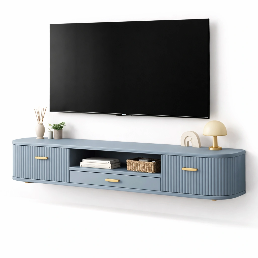 Mueble TV largo con acabado azul y almacenamiento-SelviaNest