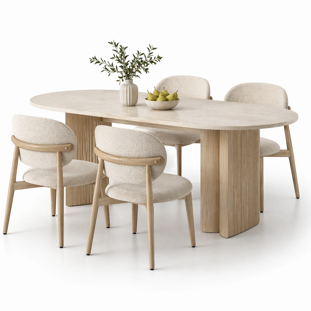 Mesa comedor beige con base texturizada y 4 sillas-AuvellaLiving