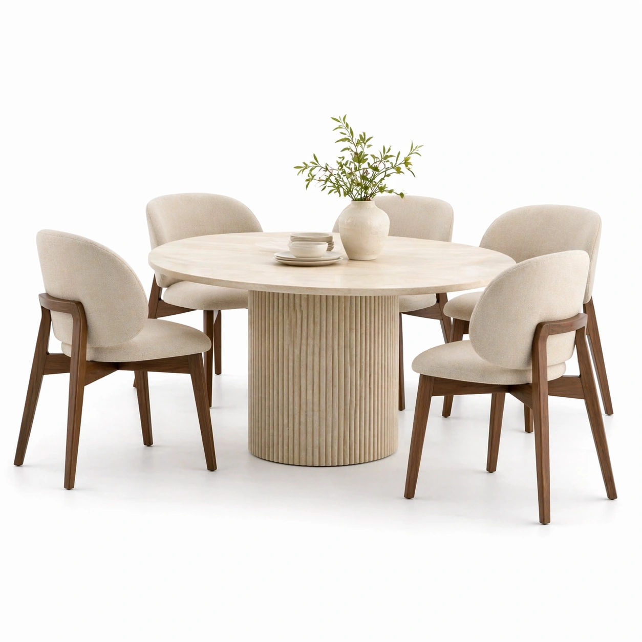 Mesa redonda beige con pedestal texturizado y 4 sillas-AuvellaLiving