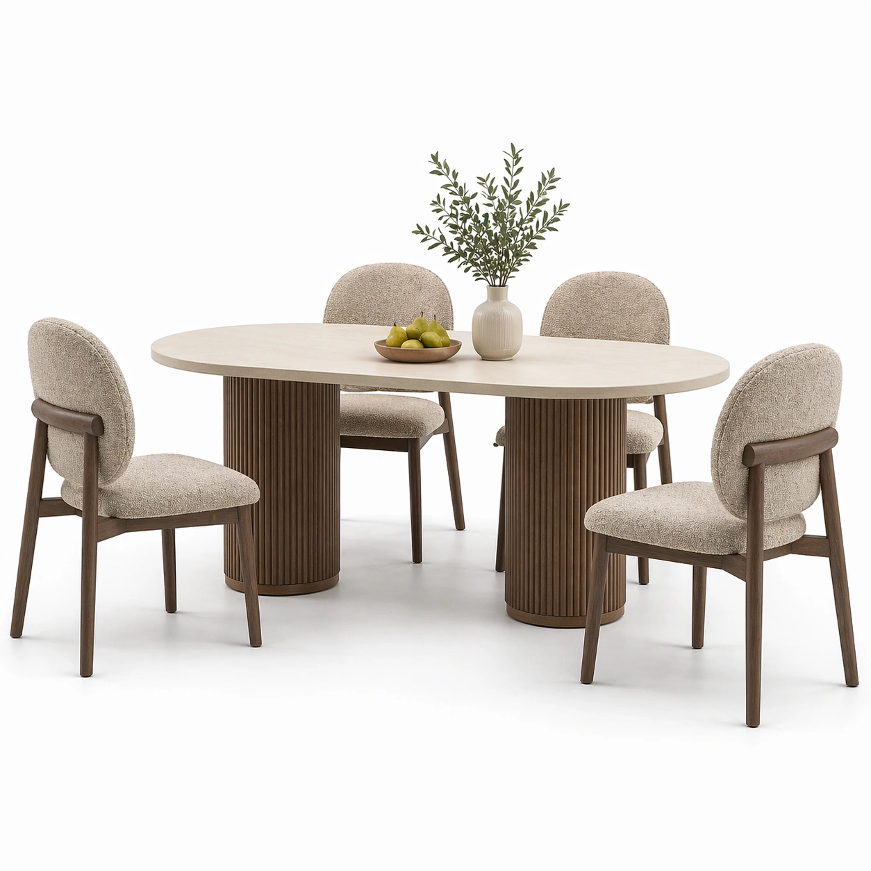 Mesa ovalada beige con bases cilindricas oscuras-AuvellaLiving