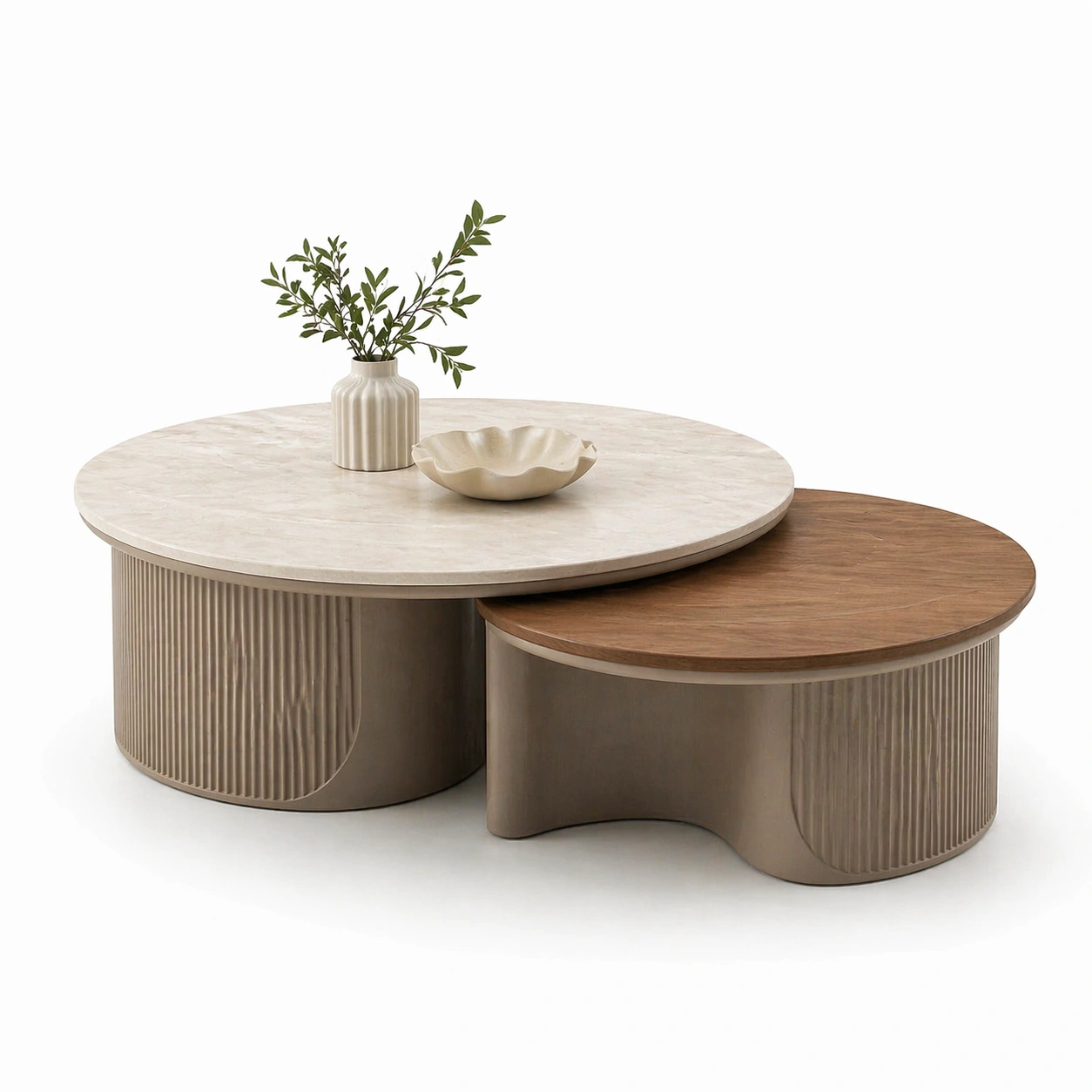 Mesa de centro redonda beige y marron de doble nivel-AuvellaLiving