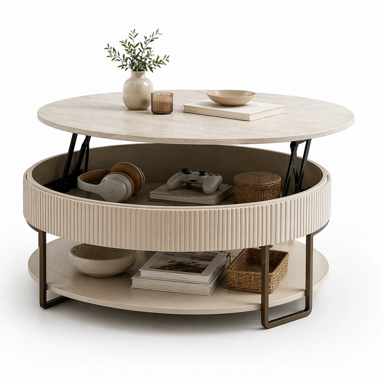 Mesa de centro elevable beige con almacenamiento oculto-AuvellaLiving