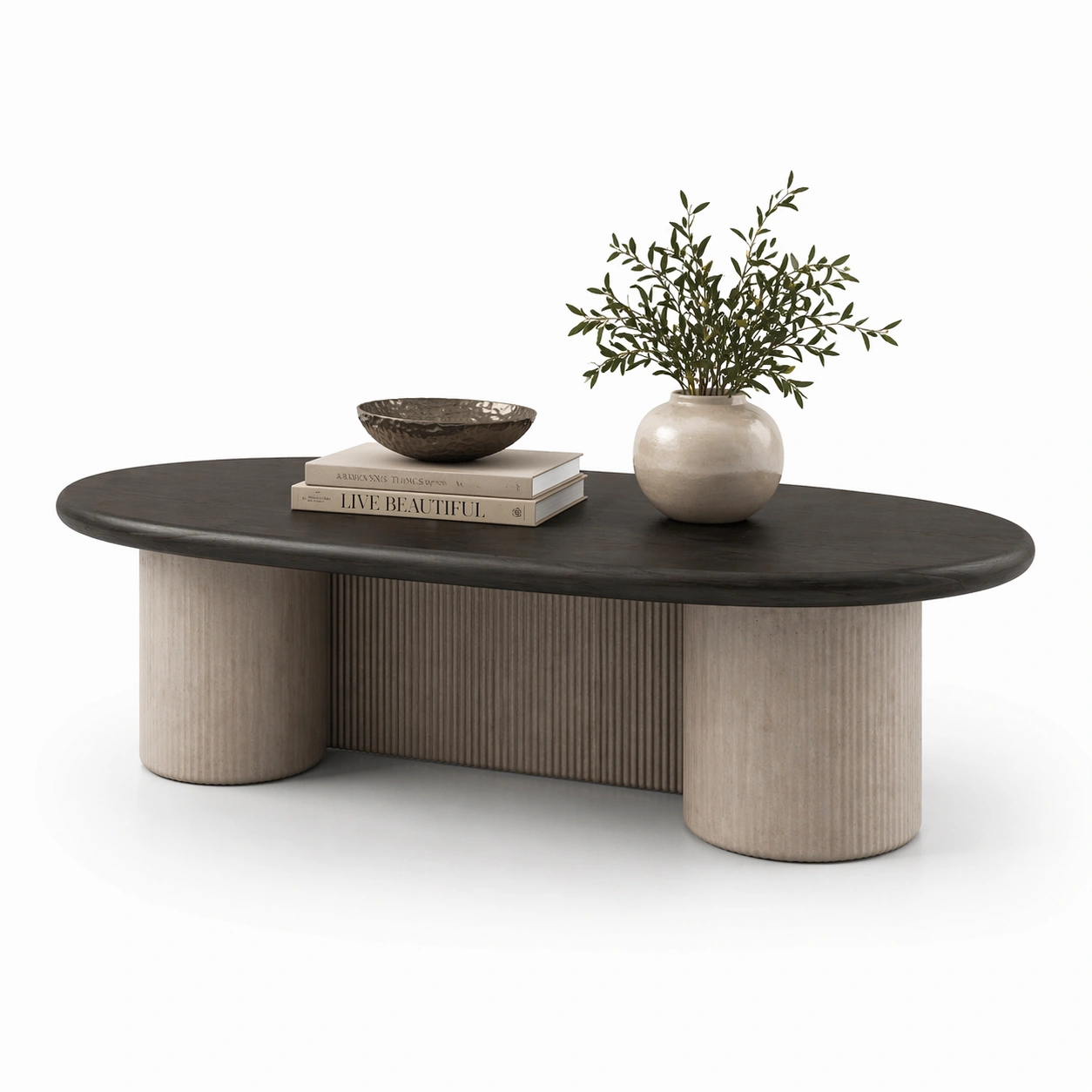 Mesa de centro ovalada negra con base texturizada-AuvellaLiving